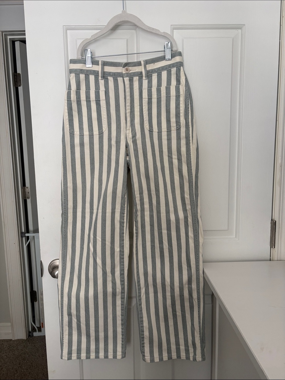 Madewell Cream and Green Vertical-Stripe Wide-Leg Pants